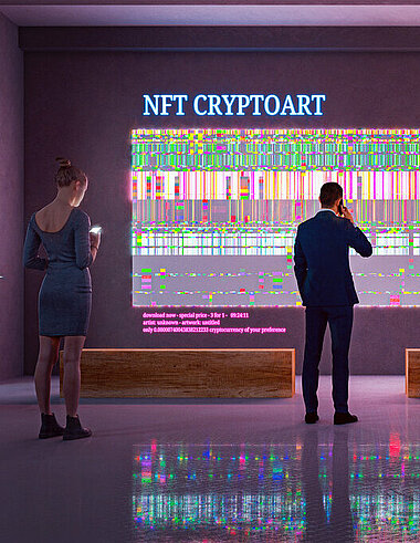 Digitale Galerie mit NFT Kunstwerk und animierten Besuchern