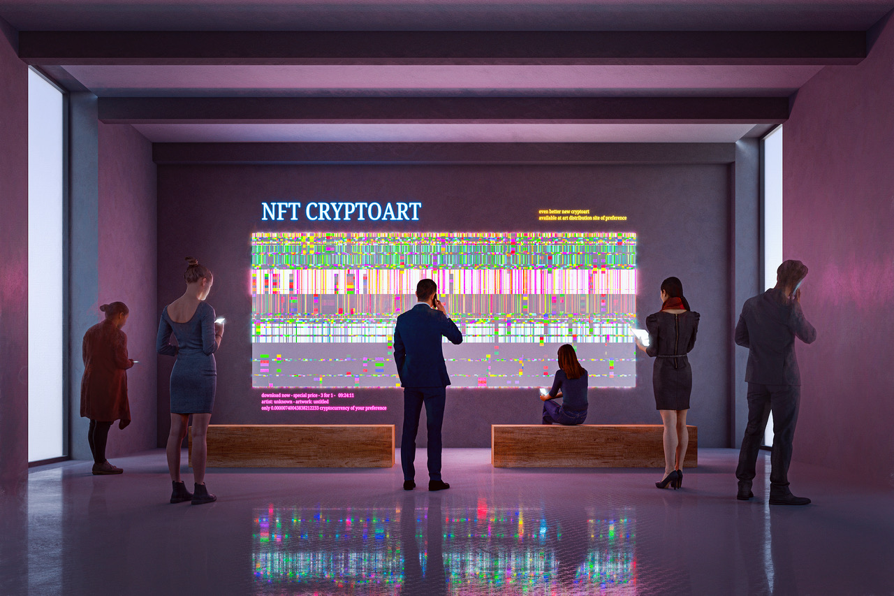 Digitale Galerie mit NFT Kunstwerk und animierten Besuchern
